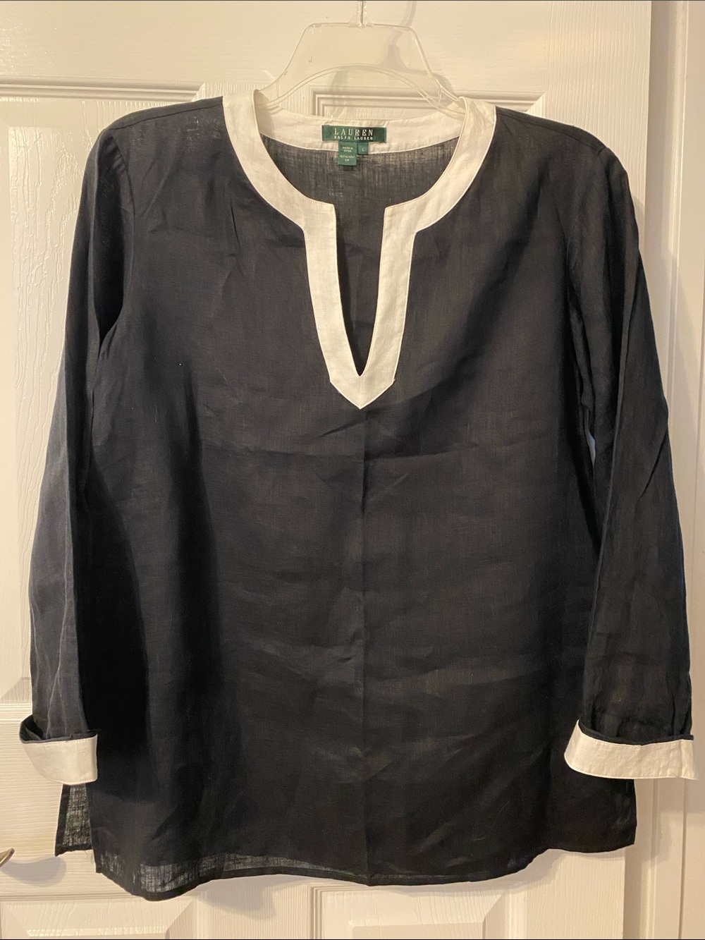 Lauren Ralph Lauren Black Linen Tunic Shirt with White Trim